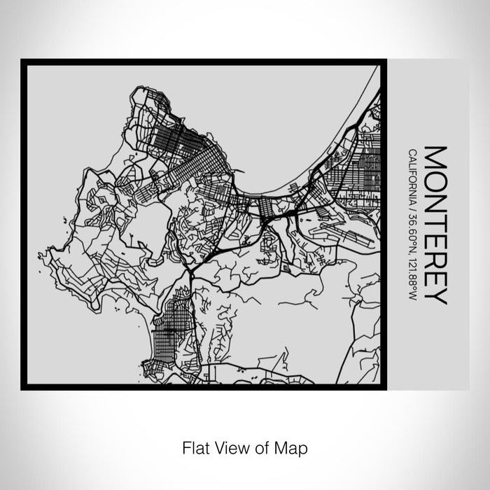Rendered View of Monterey California Map on 20oz Stainless Steel Insulated Bottle with Bamboo Top with printed Tactile Lines Map in Black