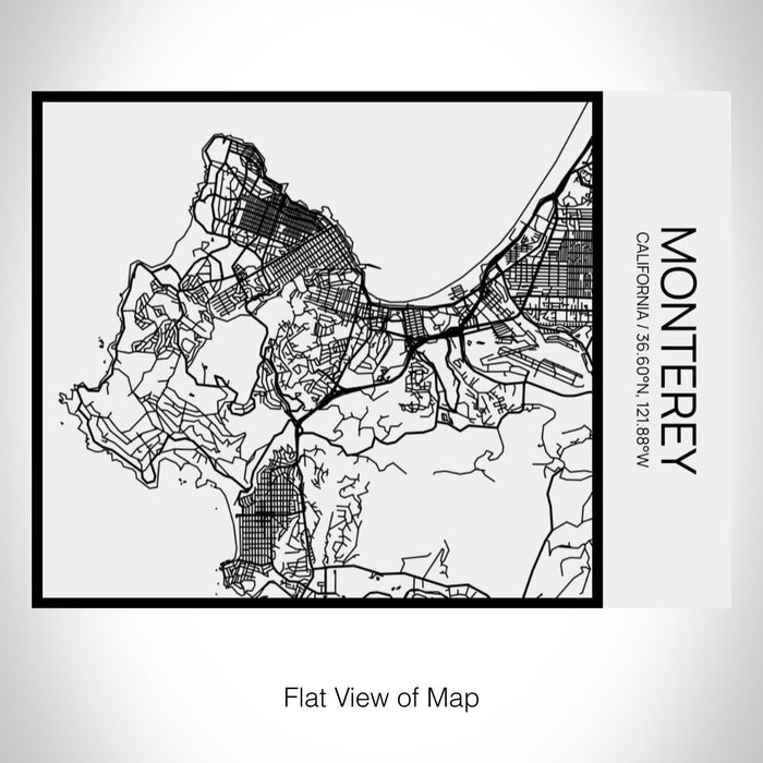 Rendered View of Monterey California Map on 20oz Stainless Steel Insulated Bottle with Bamboo Top in Matte White with printed Tactile Lines Map in Black