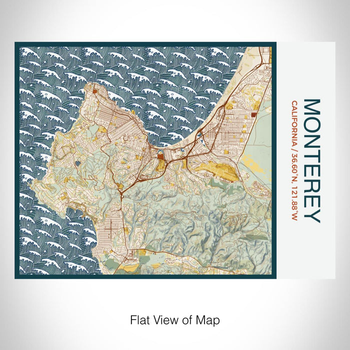 Rendered View of Monterey California Map on 20oz Stainless Steel Insulated Bottle with Bamboo Top with printed woodblock style map