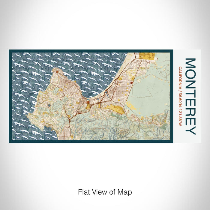 Rendered View of Monterey California Map on 17oz Stainless Steel Insulated Bottle with printed woodblock style map