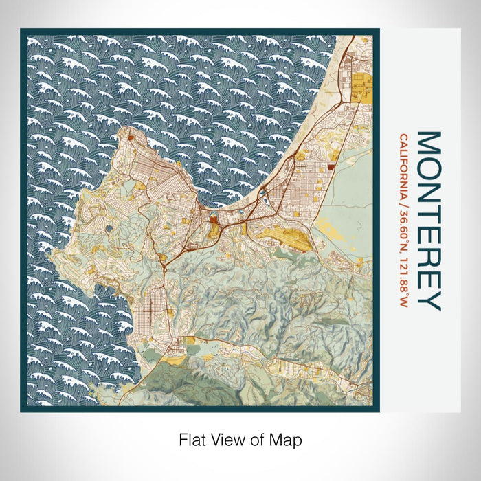 Rendered View of Monterey California Map on 17oz Stainless Steel Insulated Tumbler in Woodblock Map Style