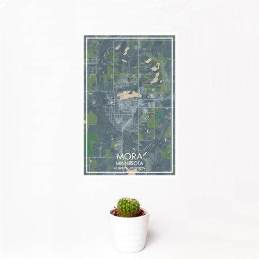 12x18 Mora Minnesota Map Print Portrait Orientation in Afternoon Style With Small Cactus Plant in White Planter