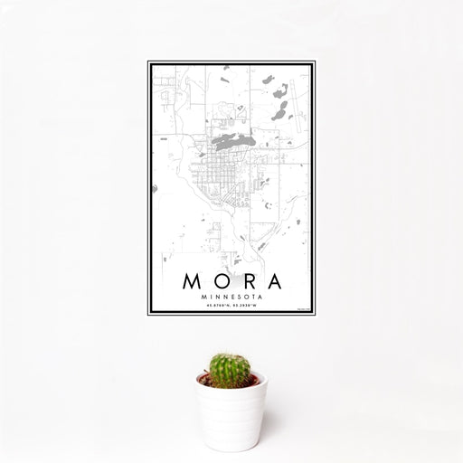 12x18 Mora Minnesota Map Print Portrait Orientation in Classic Style With Small Cactus Plant in White Planter