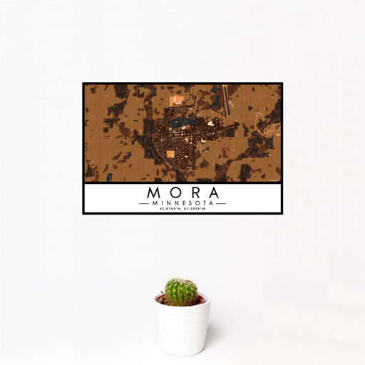 12x18 Mora Minnesota Map Print Landscape Orientation in Ember Style With Small Cactus Plant in White Planter