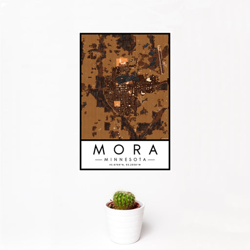 12x18 Mora Minnesota Map Print Portrait Orientation in Ember Style With Small Cactus Plant in White Planter