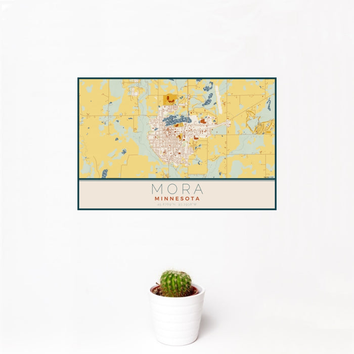 12x18 Mora Minnesota Map Print Landscape Orientation in Woodblock Style With Small Cactus Plant in White Planter