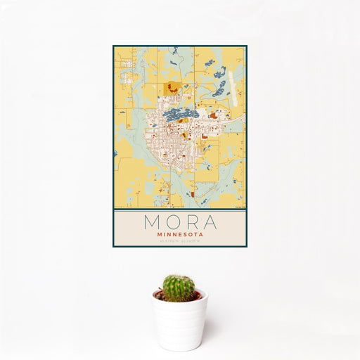 12x18 Mora Minnesota Map Print Portrait Orientation in Woodblock Style With Small Cactus Plant in White Planter