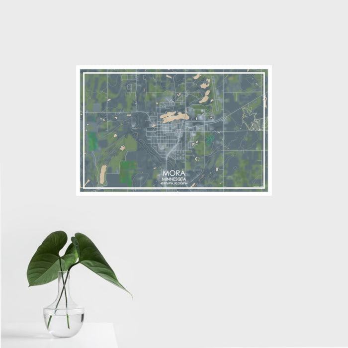 16x24 Mora Minnesota Map Print Landscape Orientation in Afternoon Style With Tropical Plant Leaves in Water