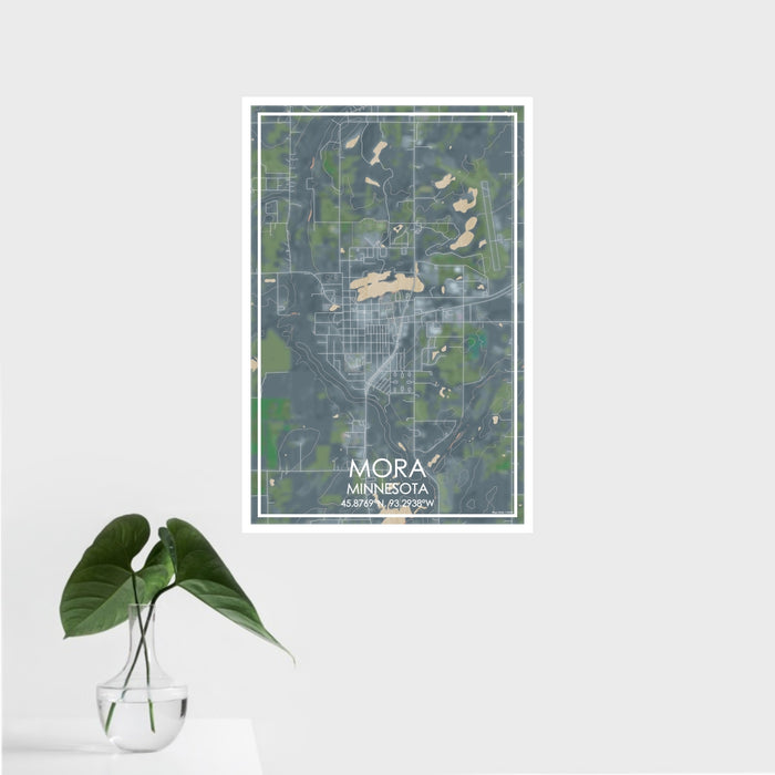 16x24 Mora Minnesota Map Print Portrait Orientation in Afternoon Style With Tropical Plant Leaves in Water