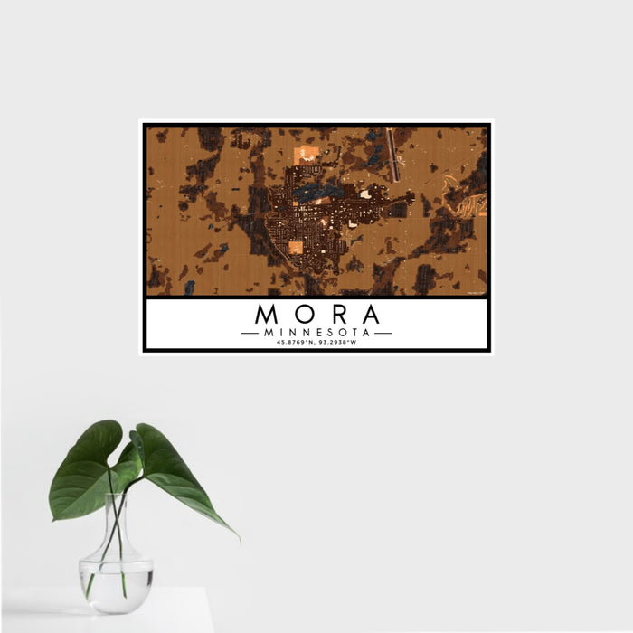 16x24 Mora Minnesota Map Print Landscape Orientation in Ember Style With Tropical Plant Leaves in Water