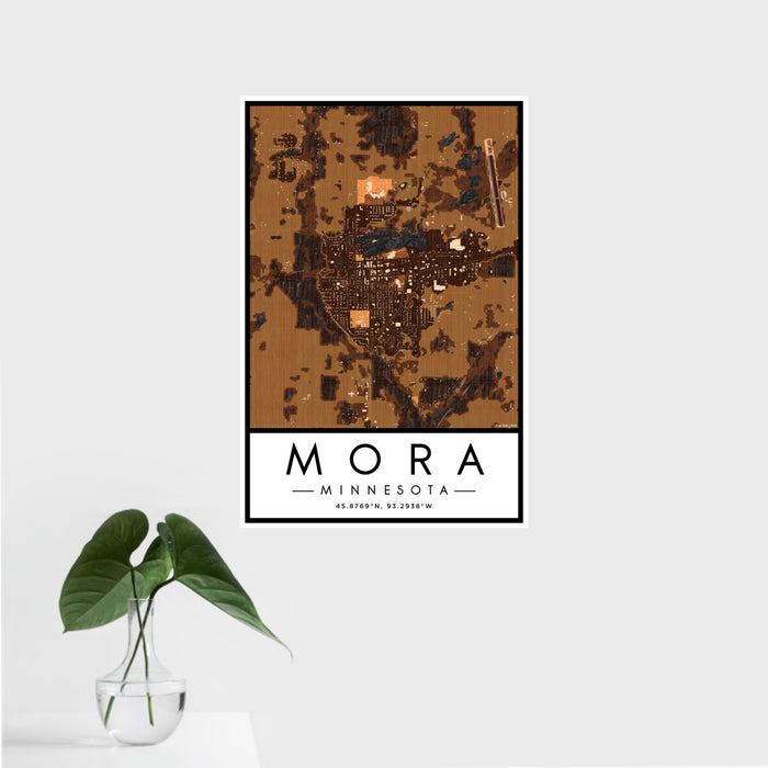 16x24 Mora Minnesota Map Print Portrait Orientation in Ember Style With Tropical Plant Leaves in Water