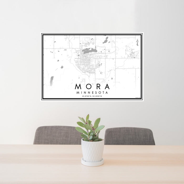 24x36 Mora Minnesota Map Print Lanscape Orientation in Classic Style Behind 2 Chairs Table and Potted Plant
