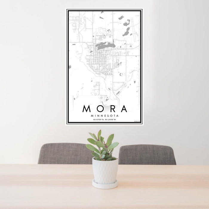 24x36 Mora Minnesota Map Print Portrait Orientation in Classic Style Behind 2 Chairs Table and Potted Plant