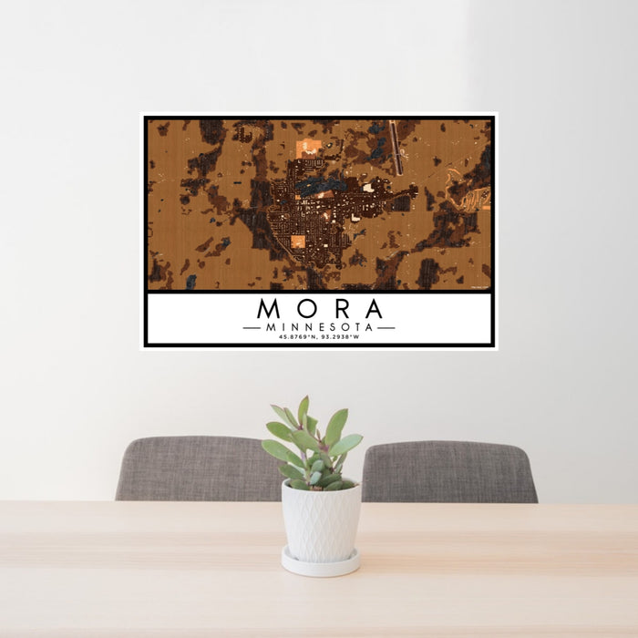24x36 Mora Minnesota Map Print Lanscape Orientation in Ember Style Behind 2 Chairs Table and Potted Plant