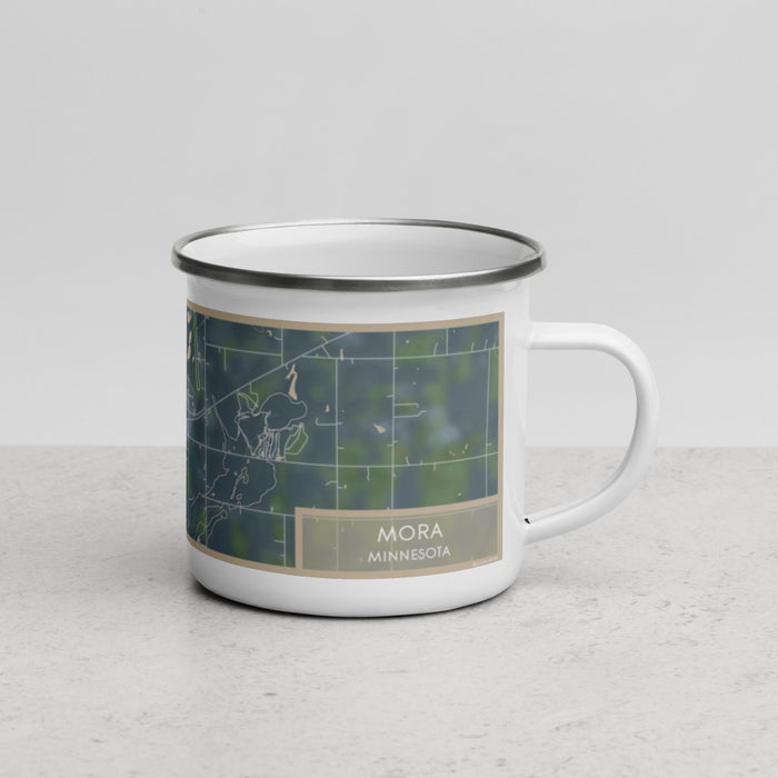 Right View Custom Mora Minnesota Map Enamel Mug in Afternoon