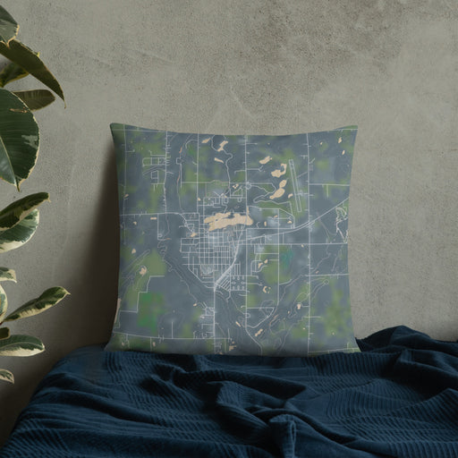 Custom Mora Minnesota Map Throw Pillow in Afternoon on Bedding Against Wall