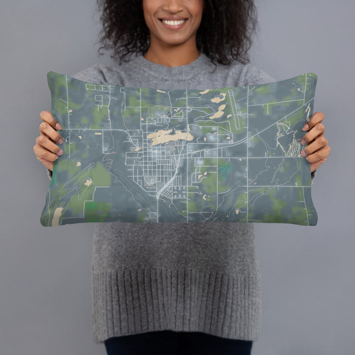 Person holding 20x12 Custom Mora Minnesota Map Throw Pillow in Afternoon