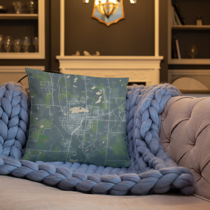 Custom Mora Minnesota Map Throw Pillow in Afternoon on Cream Colored Couch