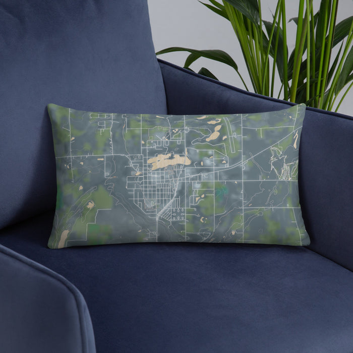 Custom Mora Minnesota Map Throw Pillow in Afternoon on Blue Colored Chair