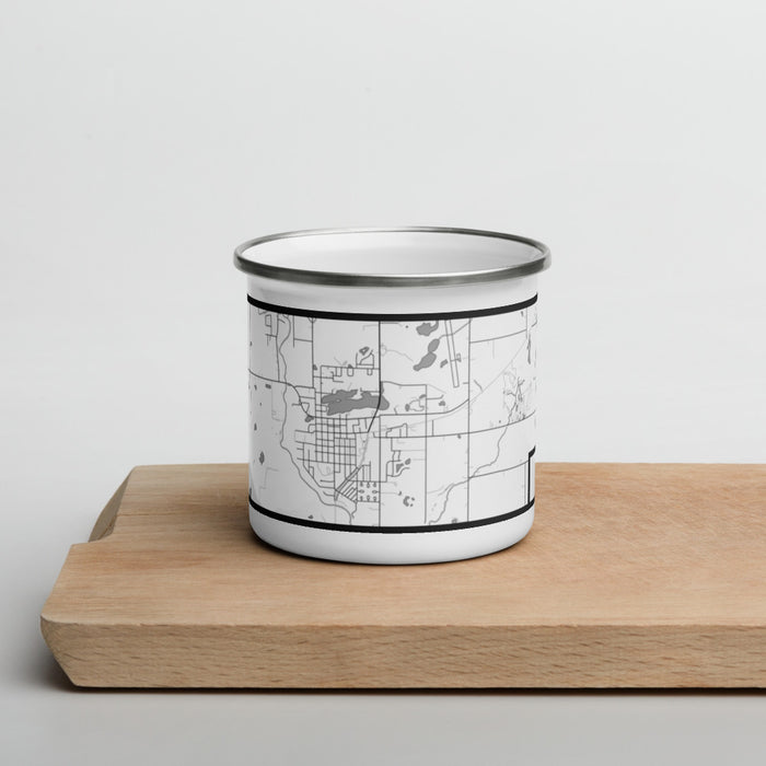 Front View Custom Mora Minnesota Map Enamel Mug in Classic on Cutting Board