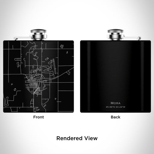 Rendered View of Mora Minnesota Map Engraving on 6oz Stainless Steel Flask in Black