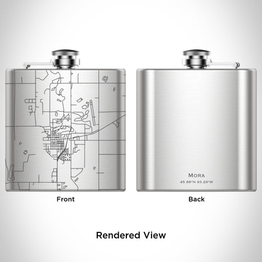 Rendered View of Mora Minnesota Map Engraving on 6oz Stainless Steel Flask