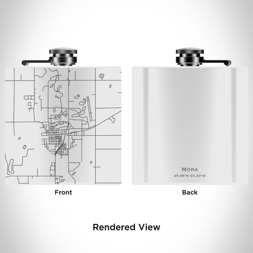 Rendered View of Mora Minnesota Map Engraving on 6oz Stainless Steel Flask in White