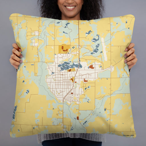 Person holding 22x22 Custom Mora Minnesota Map Throw Pillow in Woodblock