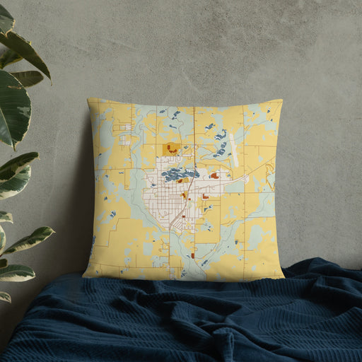 Custom Mora Minnesota Map Throw Pillow in Woodblock on Bedding Against Wall