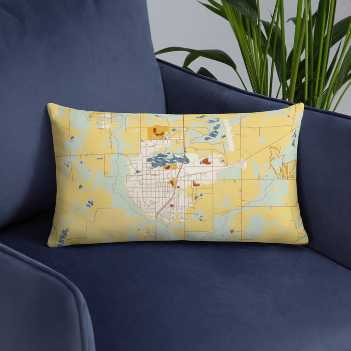 Custom Mora Minnesota Map Throw Pillow in Woodblock on Blue Colored Chair