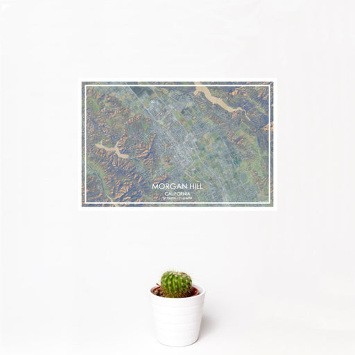 12x18 Morgan Hill California Map Print Landscape Orientation in Afternoon Style With Small Cactus Plant in White Planter