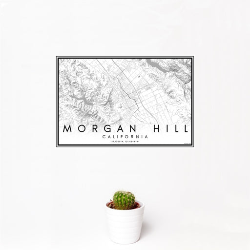 12x18 Morgan Hill California Map Print Landscape Orientation in Classic Style With Small Cactus Plant in White Planter