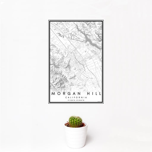 12x18 Morgan Hill California Map Print Portrait Orientation in Classic Style With Small Cactus Plant in White Planter