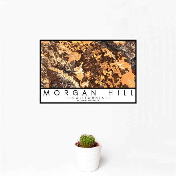 12x18 Morgan Hill California Map Print Landscape Orientation in Ember Style With Small Cactus Plant in White Planter