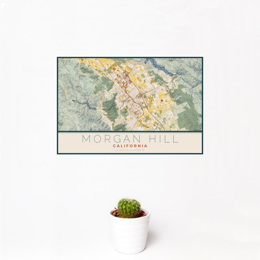 12x18 Morgan Hill California Map Print Landscape Orientation in Woodblock Style With Small Cactus Plant in White Planter