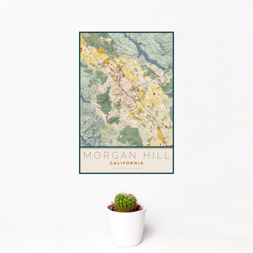 12x18 Morgan Hill California Map Print Portrait Orientation in Woodblock Style With Small Cactus Plant in White Planter