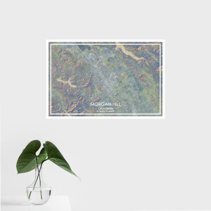 16x24 Morgan Hill California Map Print Landscape Orientation in Afternoon Style With Tropical Plant Leaves in Water