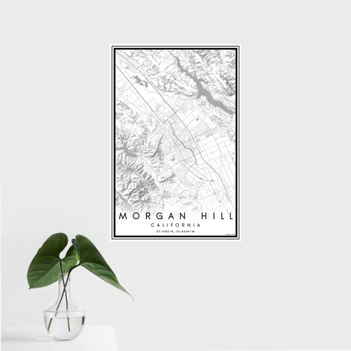 16x24 Morgan Hill California Map Print Portrait Orientation in Classic Style With Tropical Plant Leaves in Water
