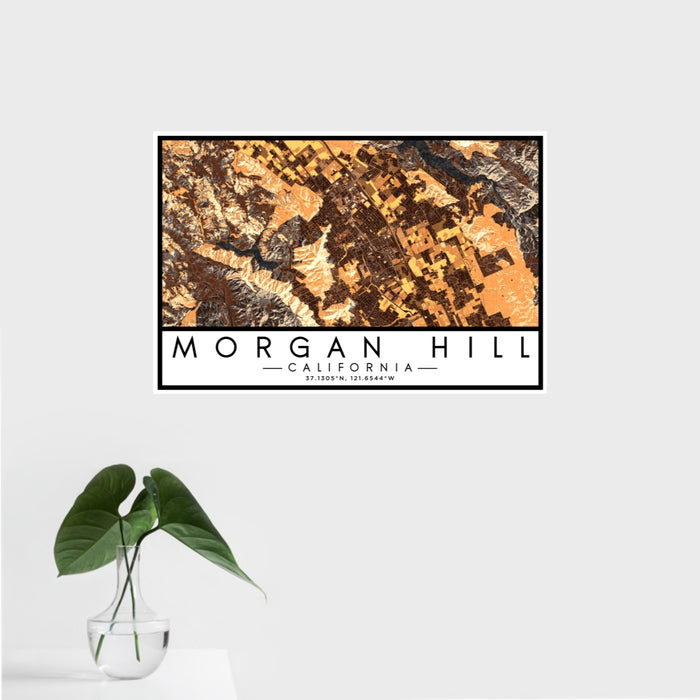 16x24 Morgan Hill California Map Print Landscape Orientation in Ember Style With Tropical Plant Leaves in Water