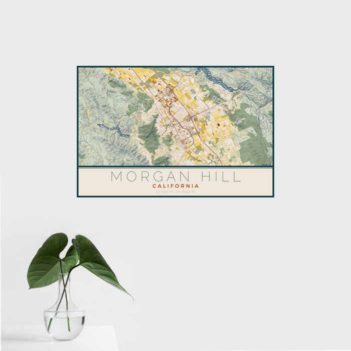 16x24 Morgan Hill California Map Print Landscape Orientation in Woodblock Style With Tropical Plant Leaves in Water