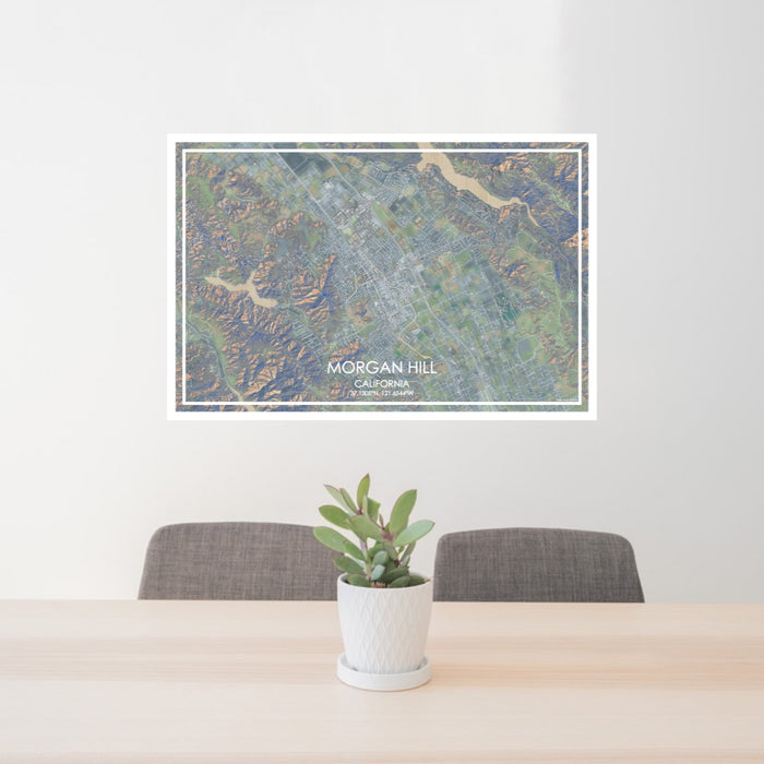 24x36 Morgan Hill California Map Print Lanscape Orientation in Afternoon Style Behind 2 Chairs Table and Potted Plant