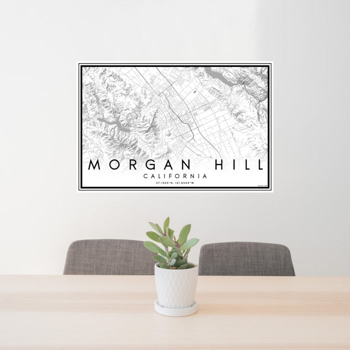 24x36 Morgan Hill California Map Print Lanscape Orientation in Classic Style Behind 2 Chairs Table and Potted Plant