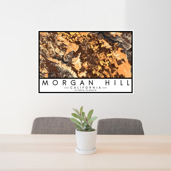 24x36 Morgan Hill California Map Print Lanscape Orientation in Ember Style Behind 2 Chairs Table and Potted Plant