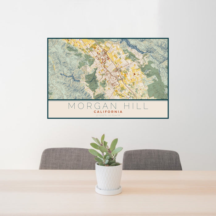 24x36 Morgan Hill California Map Print Lanscape Orientation in Woodblock Style Behind 2 Chairs Table and Potted Plant