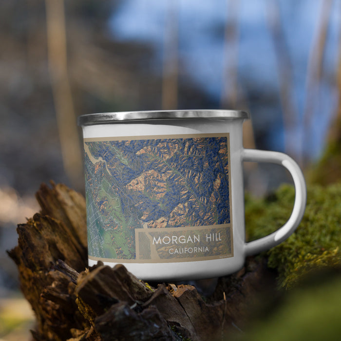 Right View Custom Morgan Hill California Map Enamel Mug in Afternoon on Grass With Trees in Background