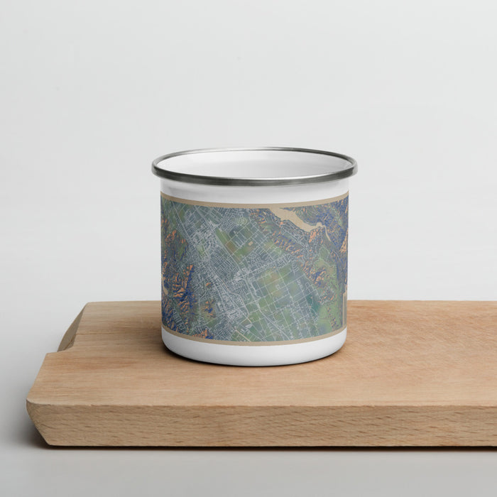 Front View Custom Morgan Hill California Map Enamel Mug in Afternoon on Cutting Board