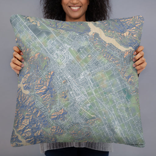 Person holding 22x22 Custom Morgan Hill California Map Throw Pillow in Afternoon