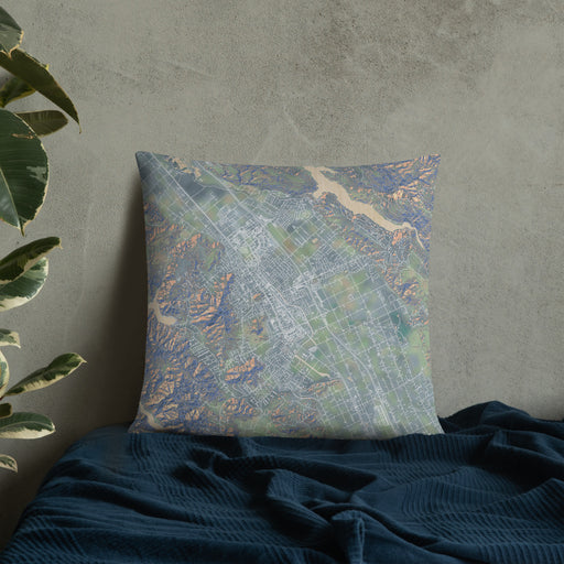 Custom Morgan Hill California Map Throw Pillow in Afternoon on Bedding Against Wall