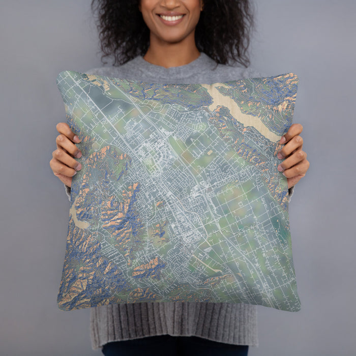 Person holding 18x18 Custom Morgan Hill California Map Throw Pillow in Afternoon