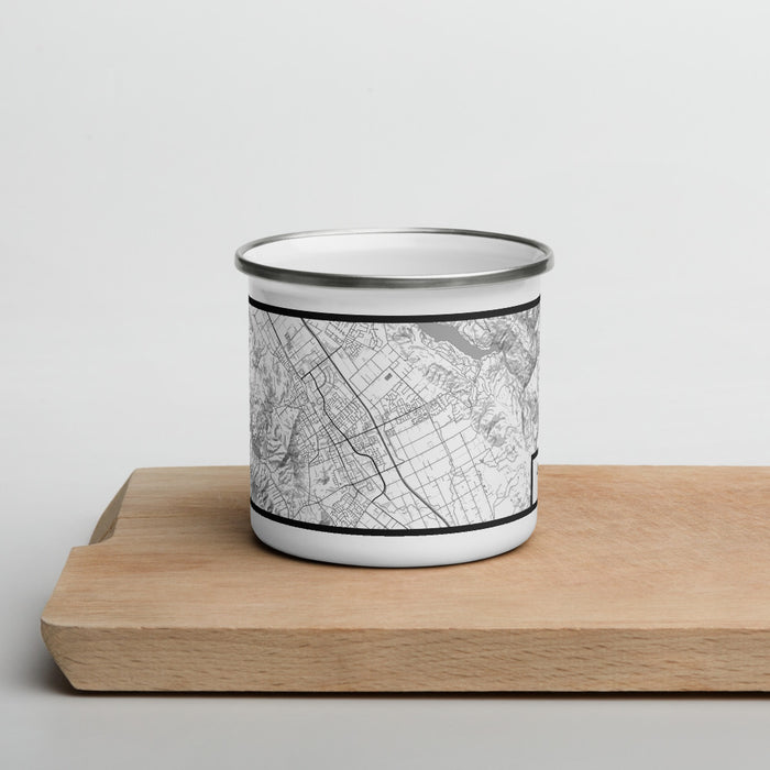 Front View Custom Morgan Hill California Map Enamel Mug in Classic on Cutting Board